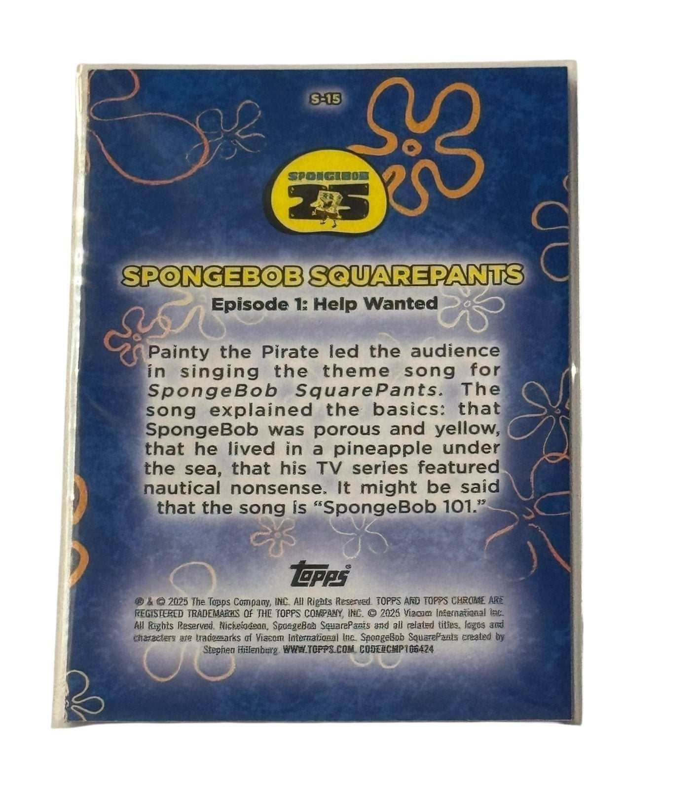 Topps Chrome SpongeBob 25th Anniversary Painty the Pirate S-15 trading card showing episode text back