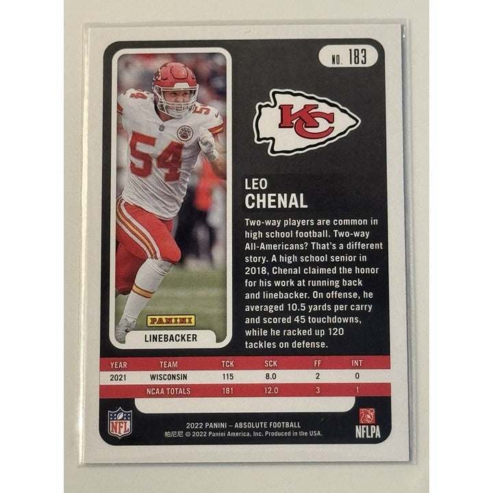 2022 Panini Absolute Silver Base Rookie Card #183 Leo Chenal Kansas City Chiefs linebacker football card