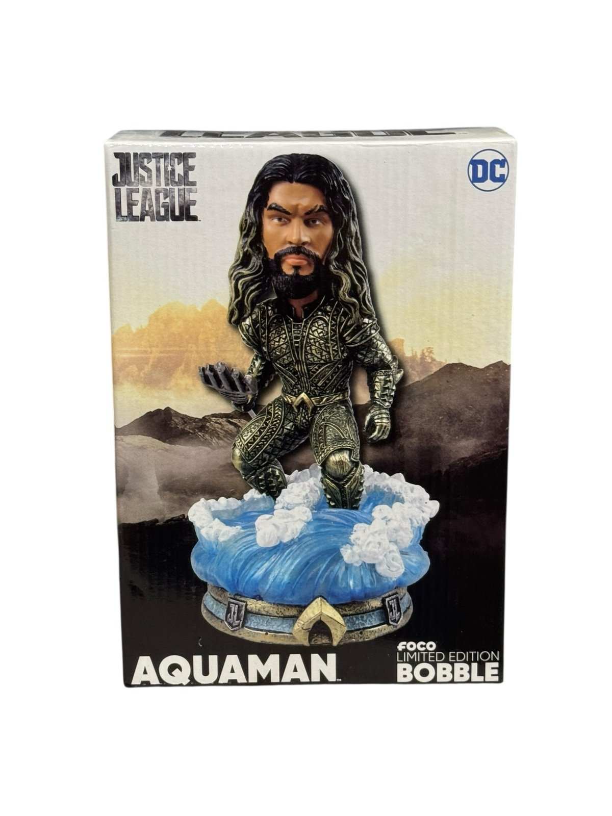 Justice League Aquaman FOCO Limited Edition bobblehead collectible figure in iconic armor on ocean base