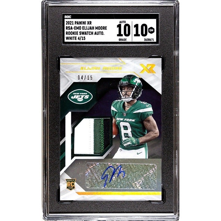 2021 Panini XR Elijah Moore* RC 4/15 Auto Swatch White Card #RSA-EMO SGC 10 Jets