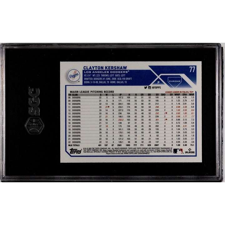 2023 Topps Chrome Clayton Kershaw Los Angeles Dodgers baseball card graded SGC 9.5 with chrome finish and thick card stock in protective case