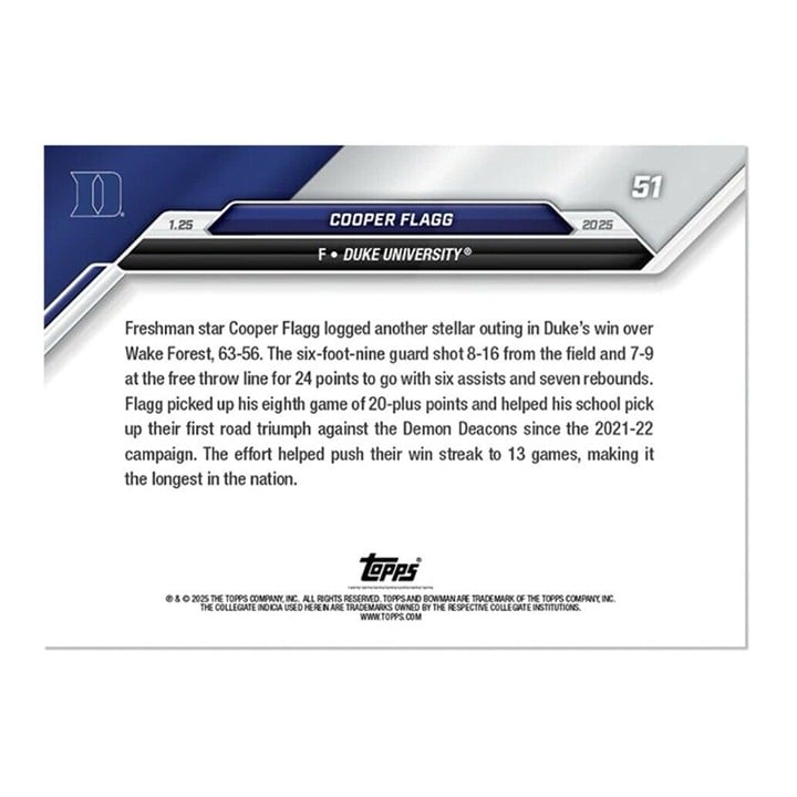 Cooper Flagg RC 2024-25 Bowman U Now basketball card Duke University limited edition
