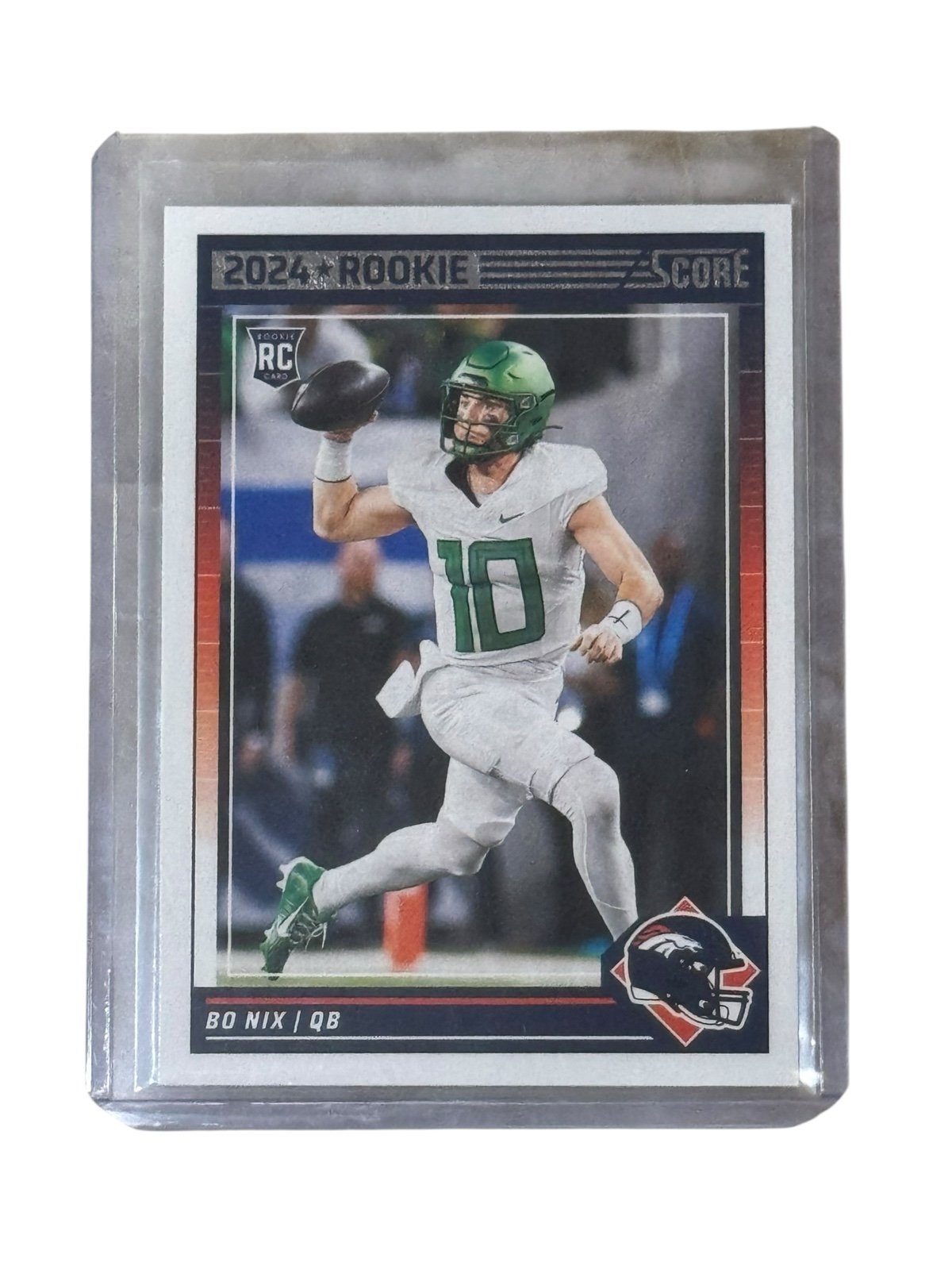 Bo Nix RC 2024 Score rookie football card in protective case with Denver Broncos logo