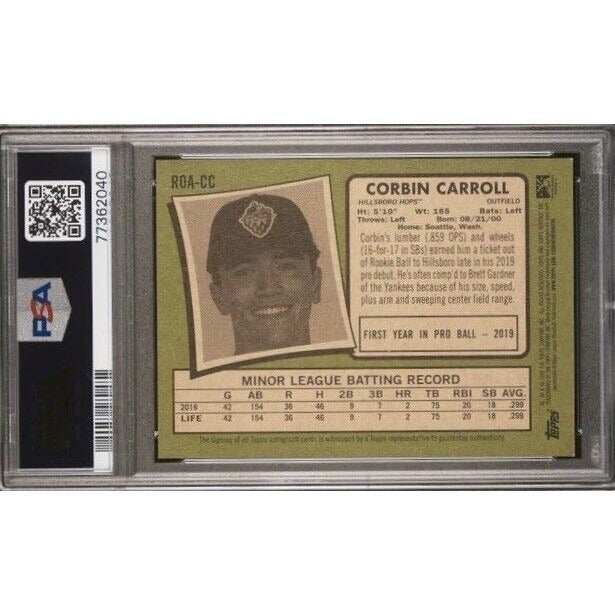 Corbin Carroll 2020 Topps Heritage Minor League signed baseball card PSA 8 blue parallel Rookie Hops outfield