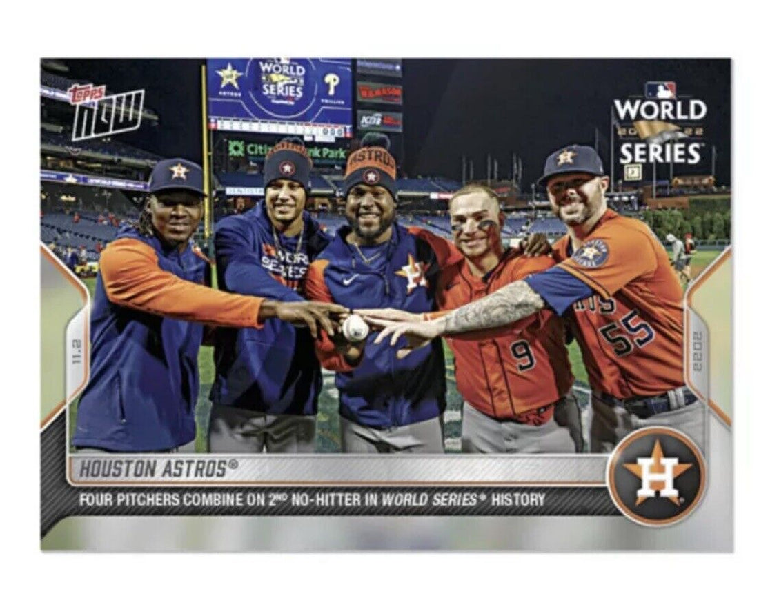 Houston Astros 2022 Topps Now No-Hitter World Series Champions trading card with key players and team celebration