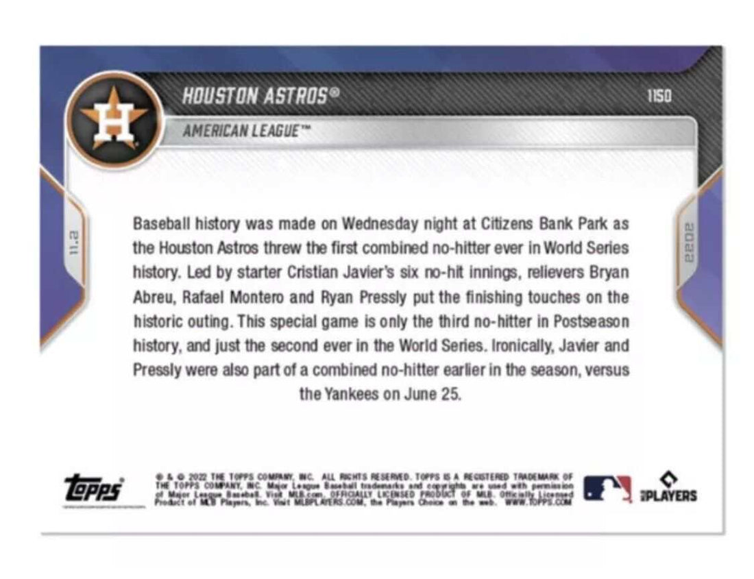 Houston Astros 2022 Topps Now No Hitter World Series Champions trading card featuring key players and team celebration