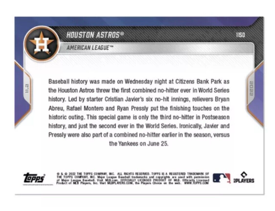 Houston Astros 2022 Topps Now No Hitter World Series Champs trading card featuring key players and historic game details
