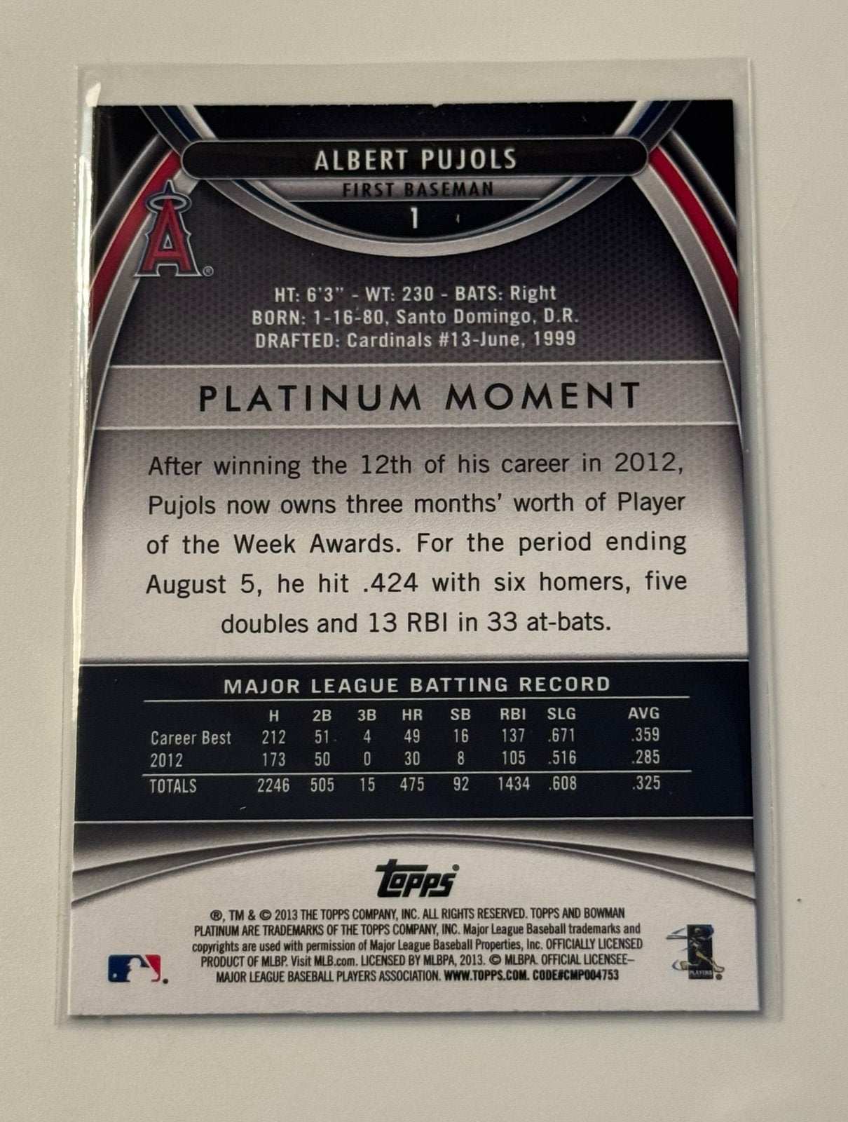 2013 Bowman Platinum Moments Albert Pujols Los Angeles Angels baseball card back view