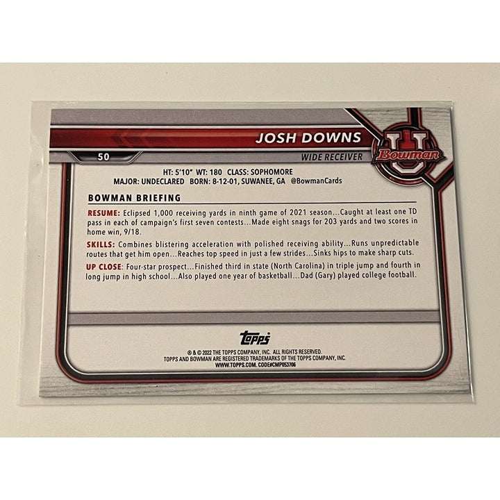 Josh Downs RC Bowman University 1st Bowman Base football card #50 NCAA Tar Heels in mint condition