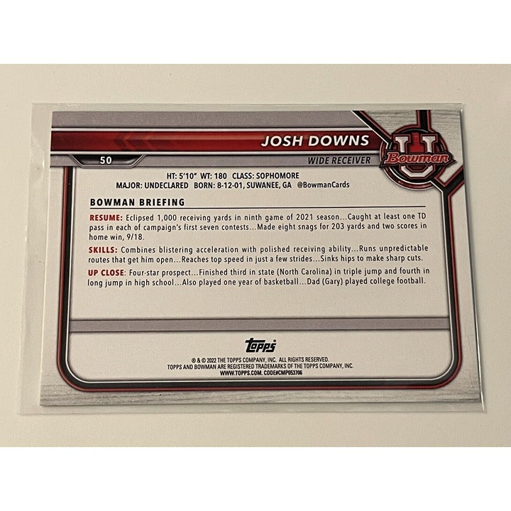 Josh Downs RC Bowman University 1st Bowman Base Football Card #50 Tar Heels Indianapolis Colts
