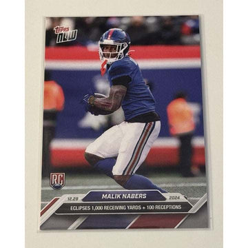 Malik Nabers RC 2024 Topps NOW football card in New York Giants uniform with 1,000 yards stat purple parallel edition