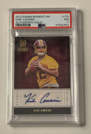 13/49 Kirk Cousins RC* GOLD AUTO 2012 Panini Momentum Rookie Football #170 PSA 7