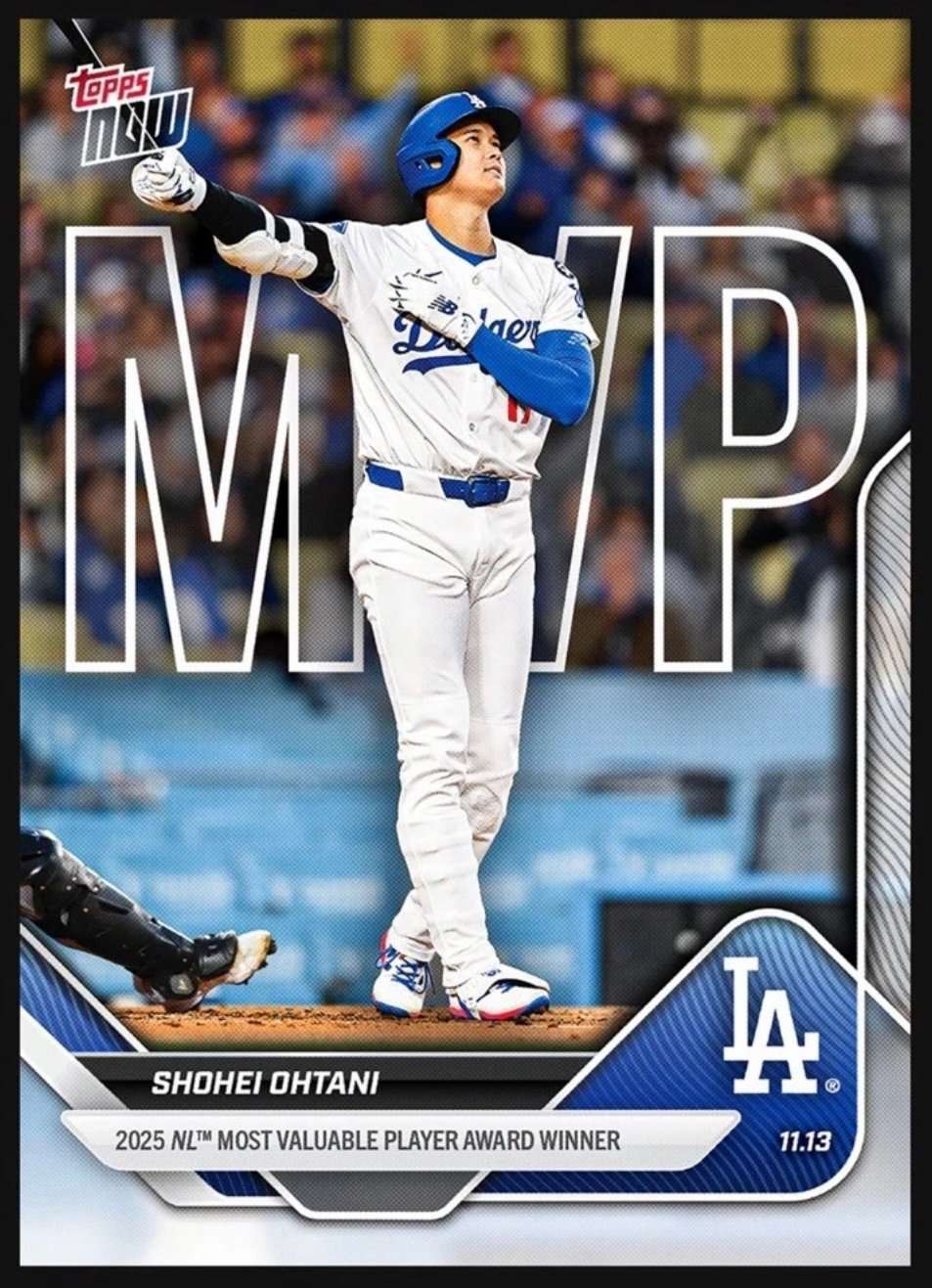 2025 Topps Now Shohei Ohtani Dodgers MVP baseball card celebrating NL MVP win