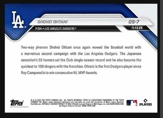 Topps Now Shohei Ohtani 2025 NL MVP Dodgers baseball card OS-7