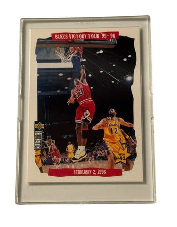 1996 Michael Jordan Upper Deck Victory Tour Win 41 Bulls NBA insert card with Jordan dunking over Lakers player