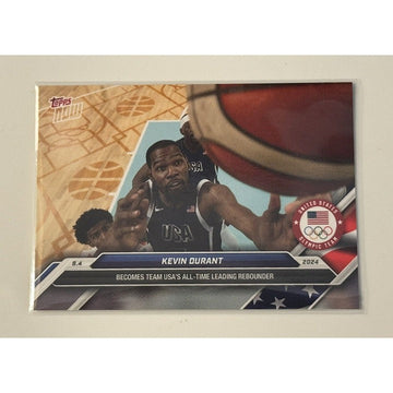 Kevin Durant 2024 Topps Now USA Olympic Games limited edition basketball trading card showing Durant as Team USA's all-time leading rebounder