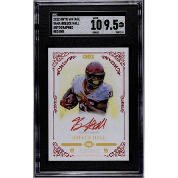 /25* 2022 Onyx Vintage Breece Hall On Card Red Ink Auto SP vAHA NFL Jets SGC 9.5