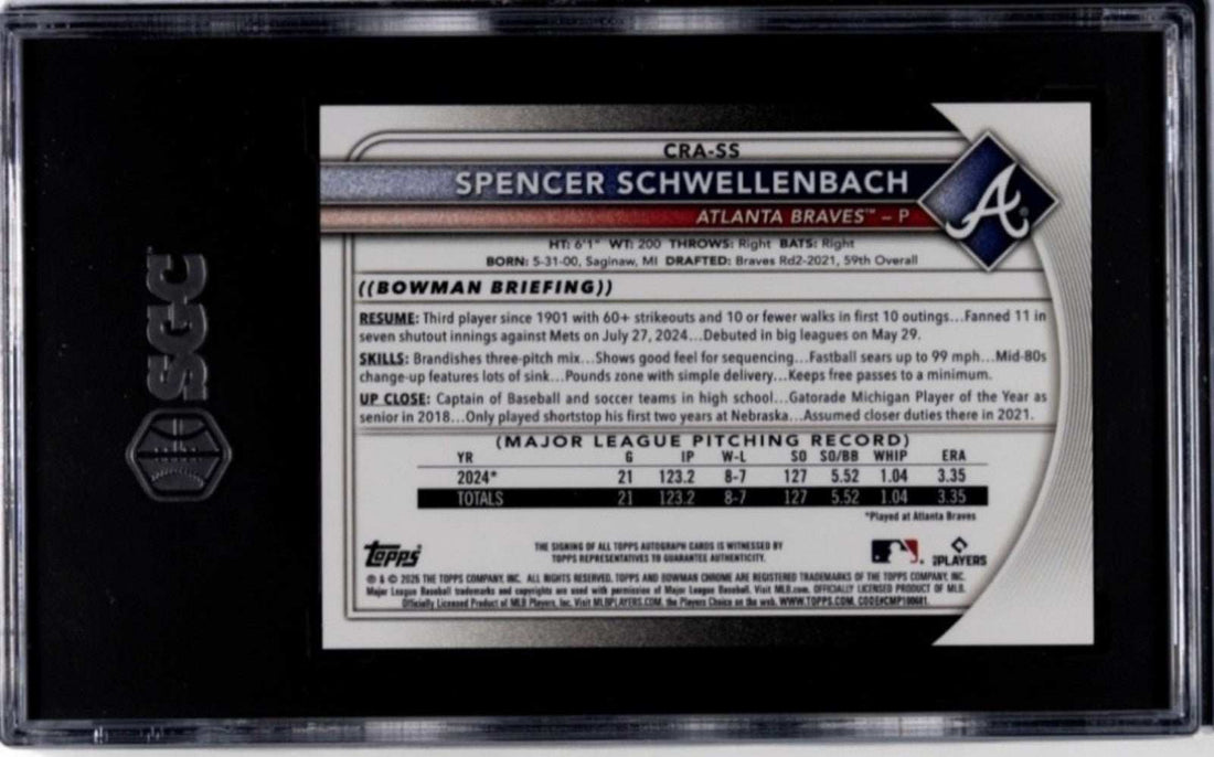 2025 Bowman Spencer Schwellensbach Chrome Rookie Autograph Braves baseball card SGC 9