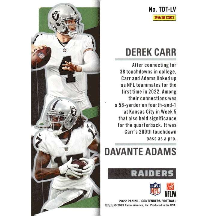 2022 Panini Contenders Davante Adams and Derek Carr Touchdown Tandem Las Vegas Raiders football card