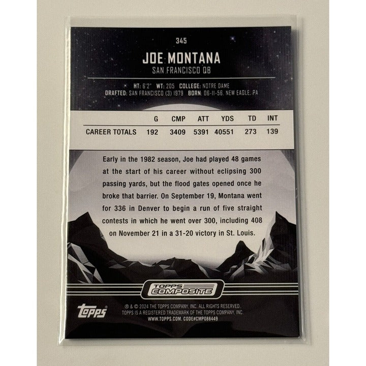 Joe Montana 2023 Topps Composite Midnight Refractor 49ers collectible football card back showing career stats and biography