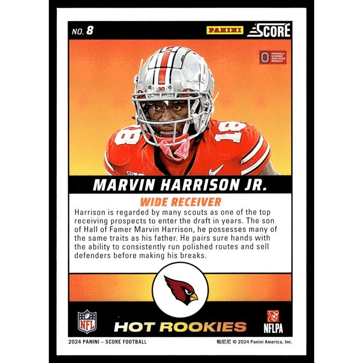 Marvin Harrison Jr. 2024 Score NFL Hot Rookies football card Arizona Cardinals wide receiver