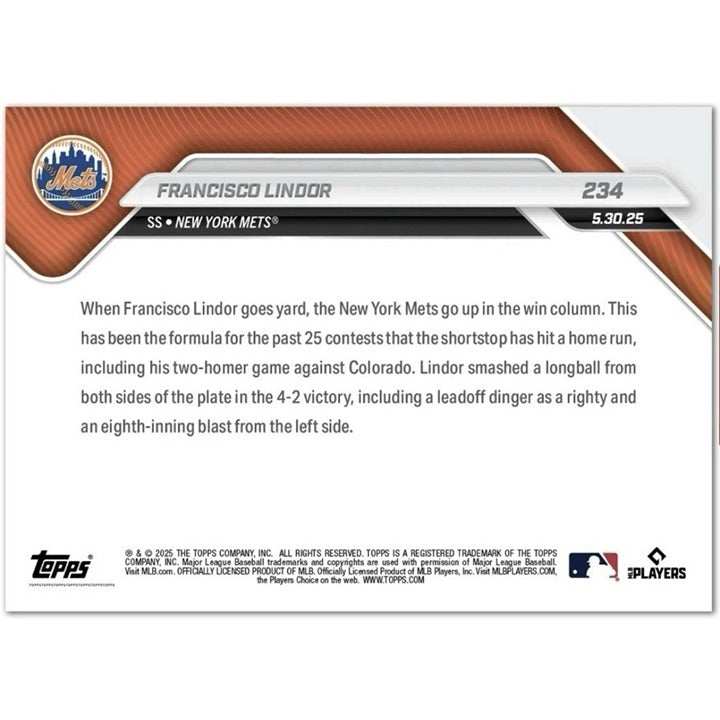 2025 Topps NOW Francisco Lindor #234 New York Mets baseball trading card showing Lindor hitting a home run