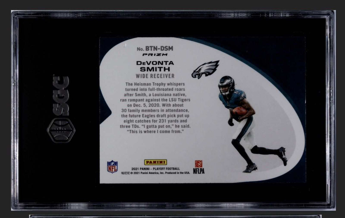 DeVonta Smith RC 2021 Panini Playoff Behind Numbers Blue Prizm graded 6 card in protective case