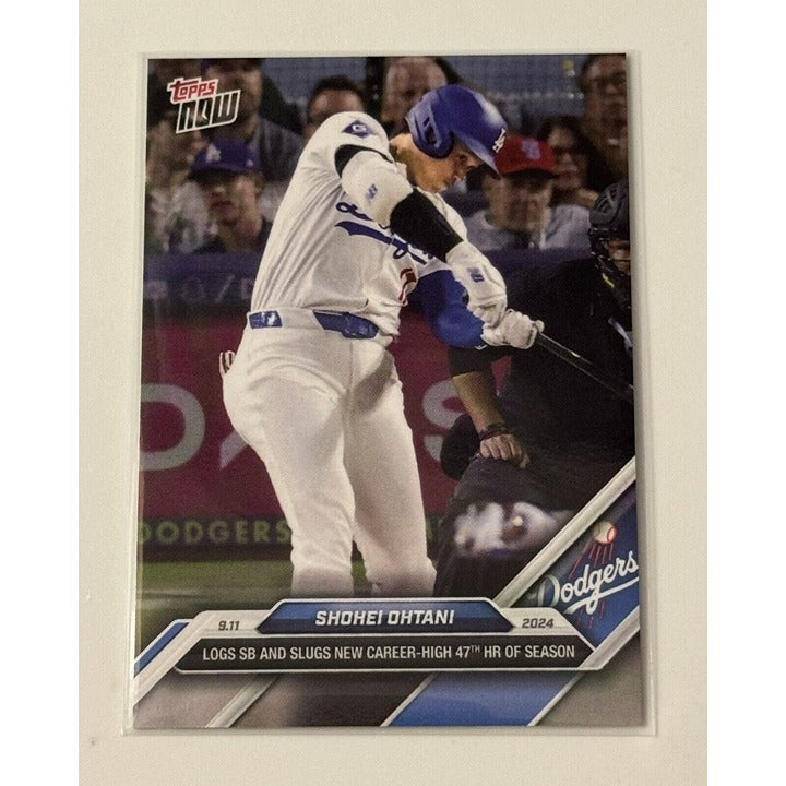 Shohei Ohtani 2024 Topps Now MLB card 680 showing 47th home run and stolen base with Los Angeles Dodgers uniform