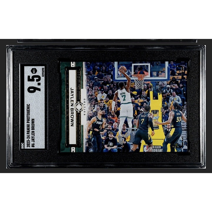 Jaylen Brown 2023-24 Panini Photogenic basketball card graded 9.5 featuring Boston Celtics action shot