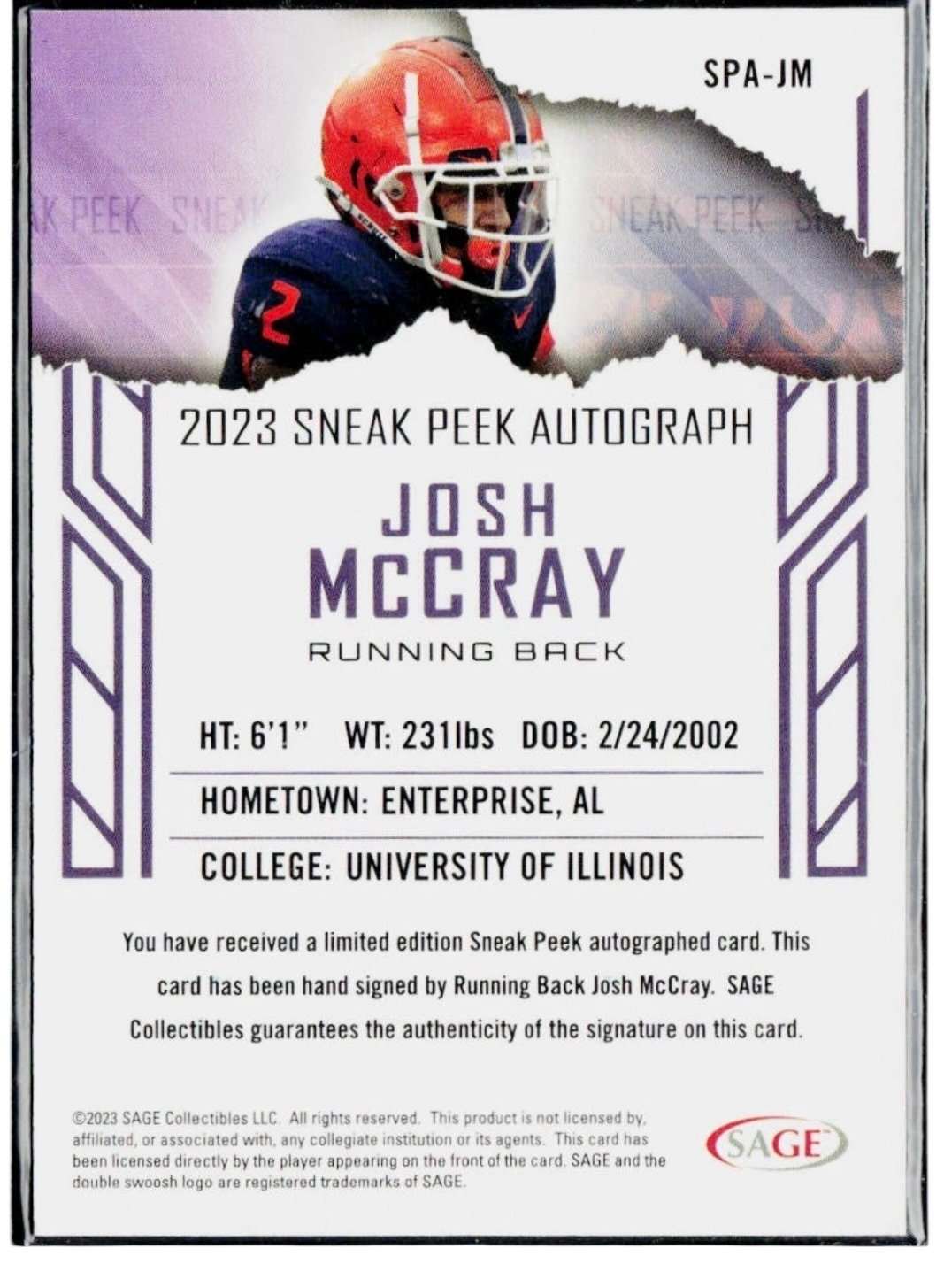 UGA Josh McCray autographed 2023 SAGE HIT Sneak Peek football card