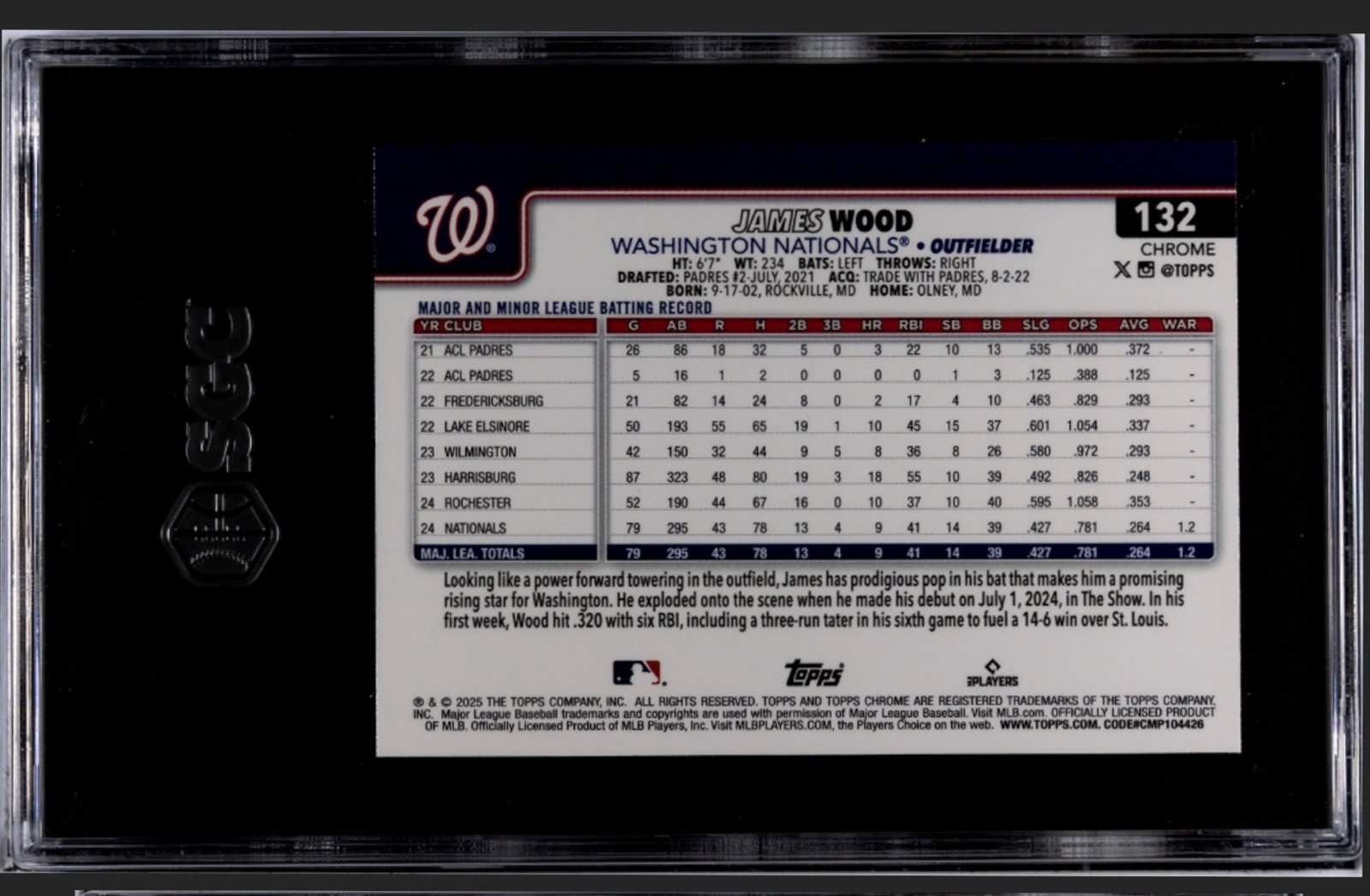 2025 TOPPS CHROME James Wood Rookie Card 132 XFractor Washington Nationals MLB SGC 8