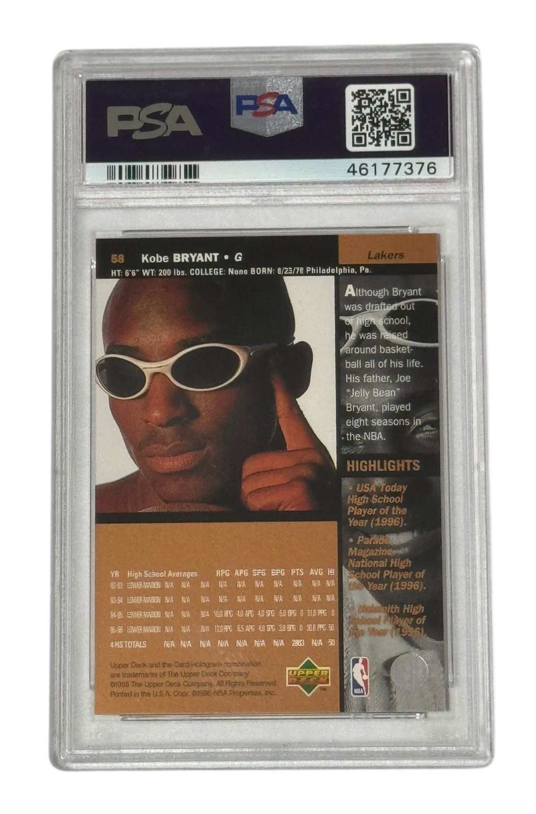 1996 Upper Deck Kobe Bryant rookie card #58 PSA 7 Los Angeles Lakers NBA collectible