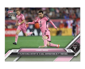 Lionel Messi 2024 Topps NOW MLS Inter Miami CF soccer card highlighting 16 goal contributions milestone