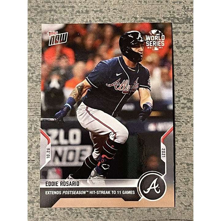 Eddie Rosario 2021 MLB Topps Now card showing 11-game postseason hit streak in World Series Game 1