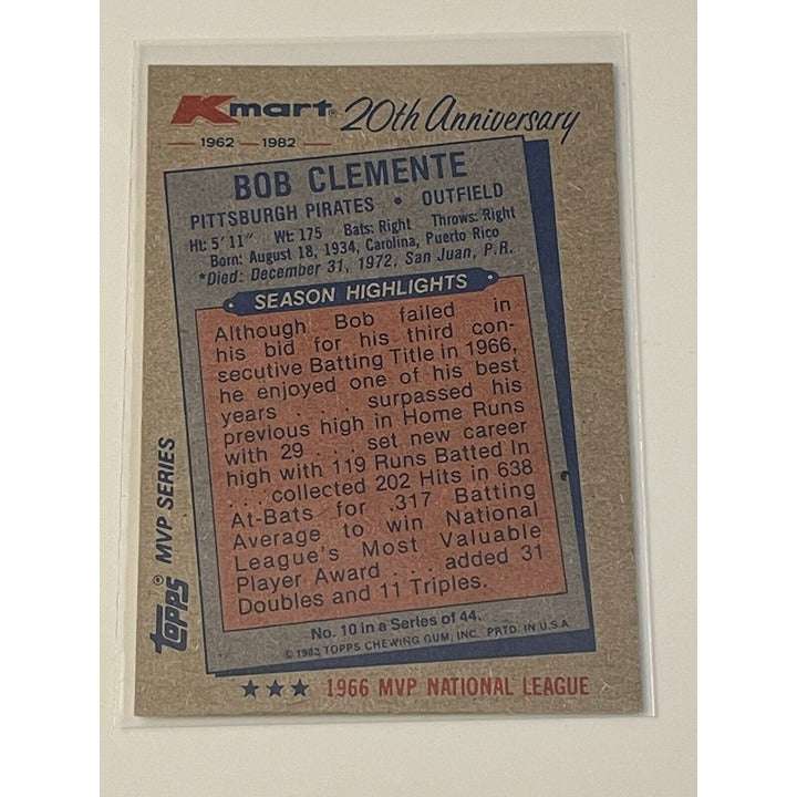 1982 Topps Kmart Roberto Clemente baseball card MVP 1966 National League HOF outfielder collectible
