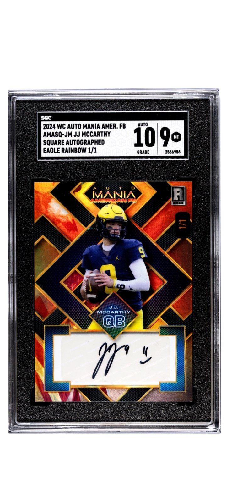 1/1 JJ McCarthy RC Auto 2024 Wild Card Mania AFL Eagle #AMASQ-JM Vikings - SGC 9