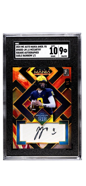 1/1 JJ McCarthy RC Auto 2024 Wild Card Mania AFL Eagle #AMASQ-JM Vikings - SGC 9