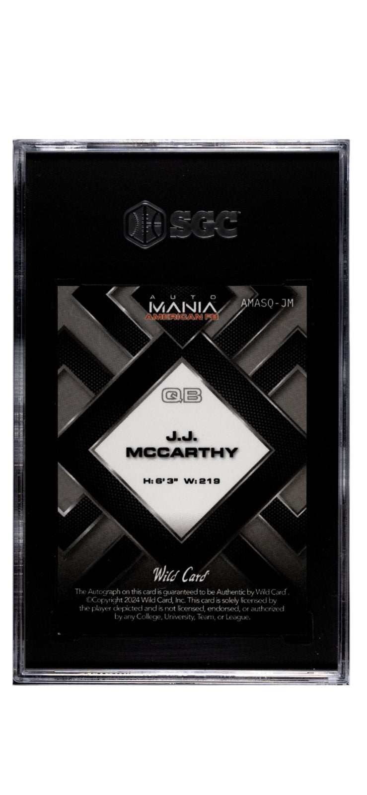 1/1 JJ McCarthy RC Auto 2024 Wild Card Mania NFL Vikings signed card SGC 9