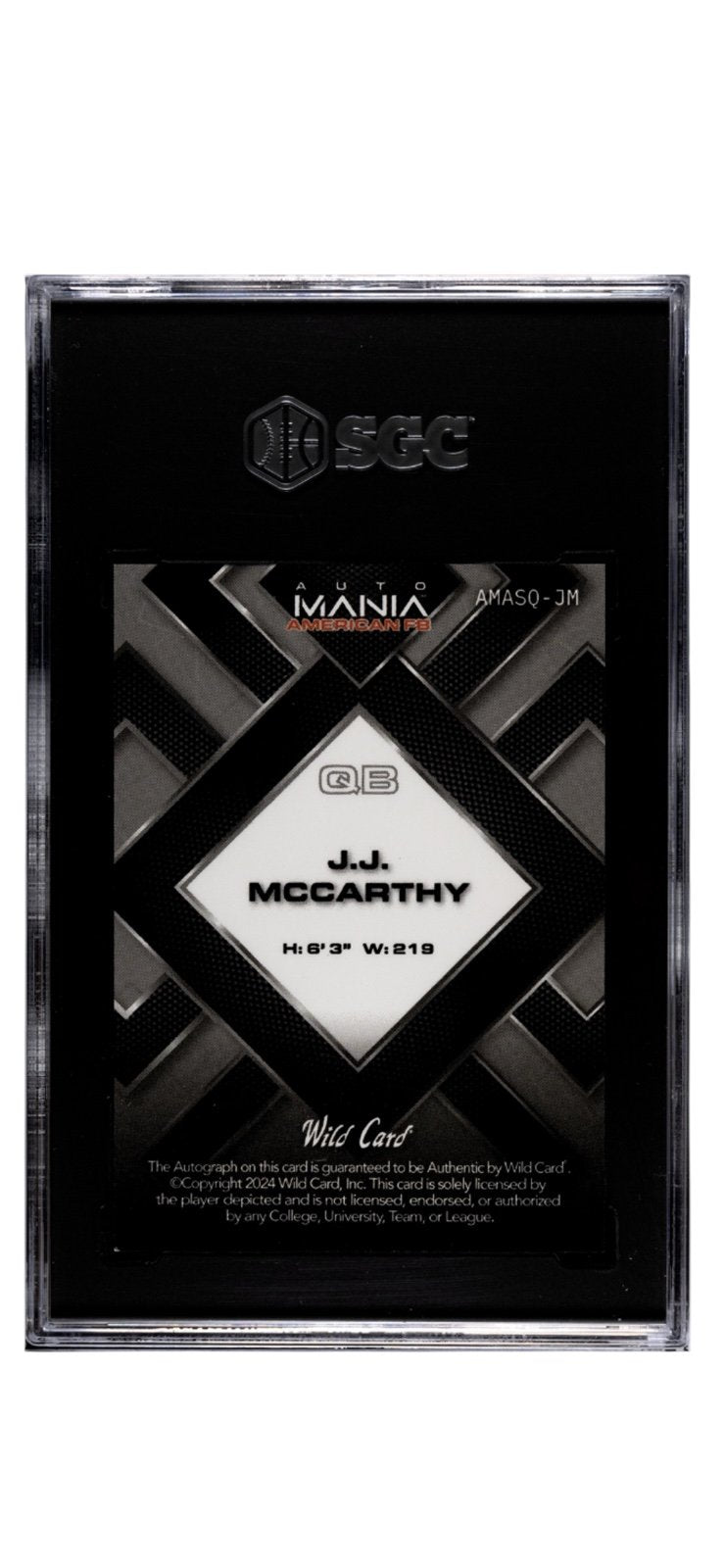 1/1 JJ McCarthy RC Auto 2024 Wild Card Mania AFL Eagle #AMASQ-JM Vikings - SGC 9