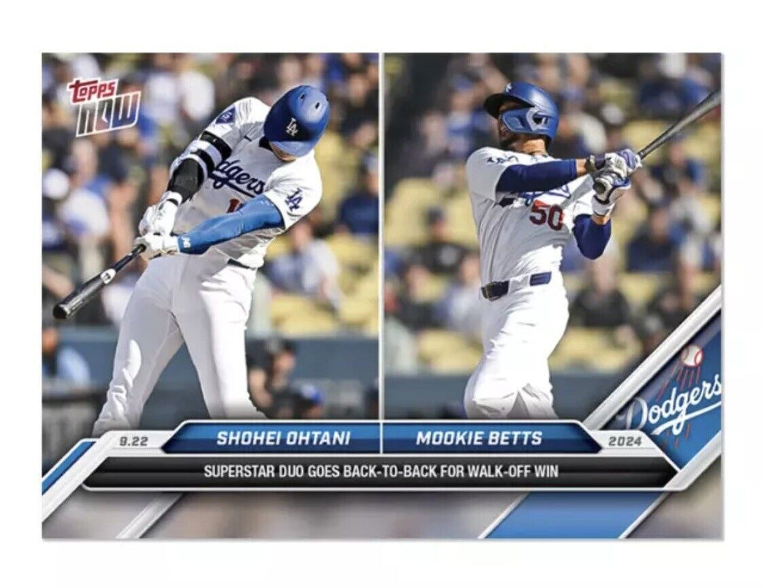 Shohei Ohtani and Mookie Betts 2024 Topps Now Dodgers back-to-back blast baseball card