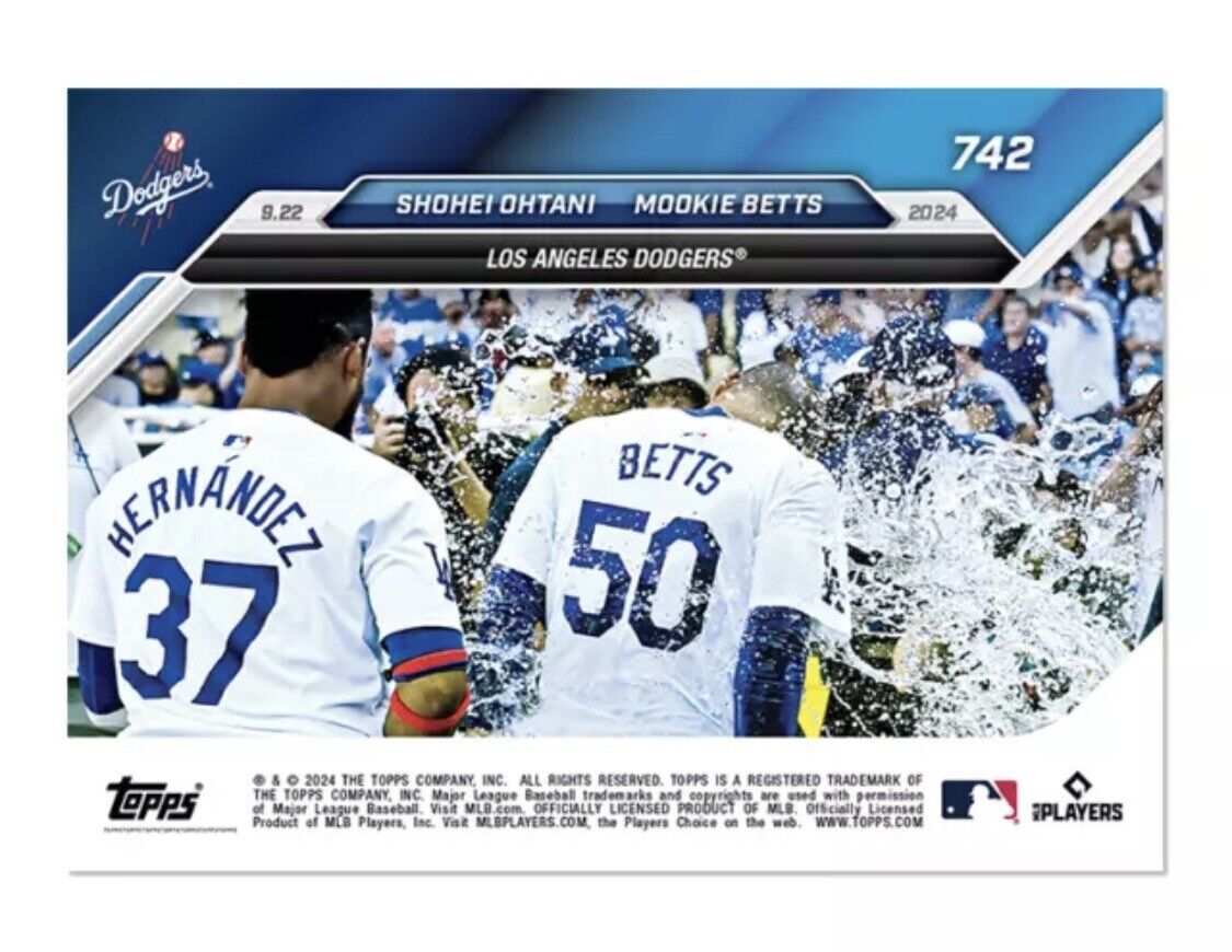 2024 Topps Now Dodgers card featuring Shohei Ohtani and Mookie Betts back to back blast design