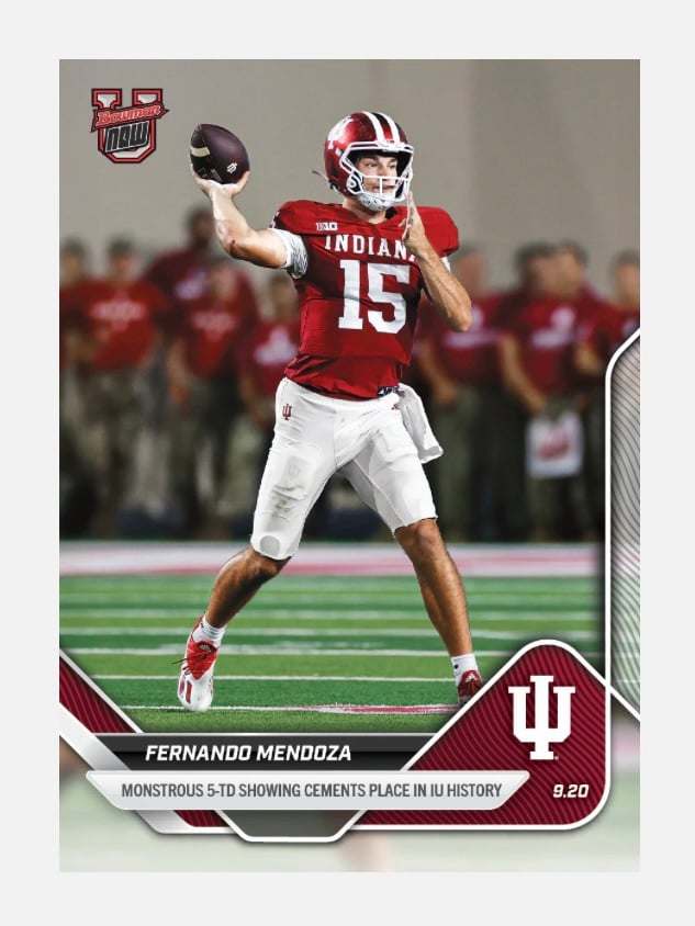 Only 2733 Fernando Mendoza Rookie 2025 Bowman U Topps Now football card in Indiana uniform throwing pass