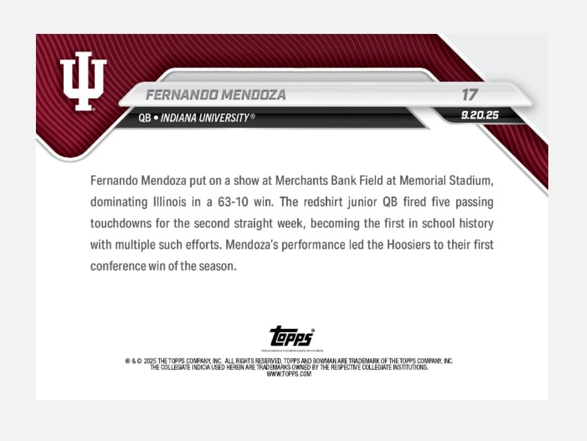 2025 Bowman U Topps Now Fernando Mendoza Rookie card limited to 2733 copies showcasing his record five touchdown game