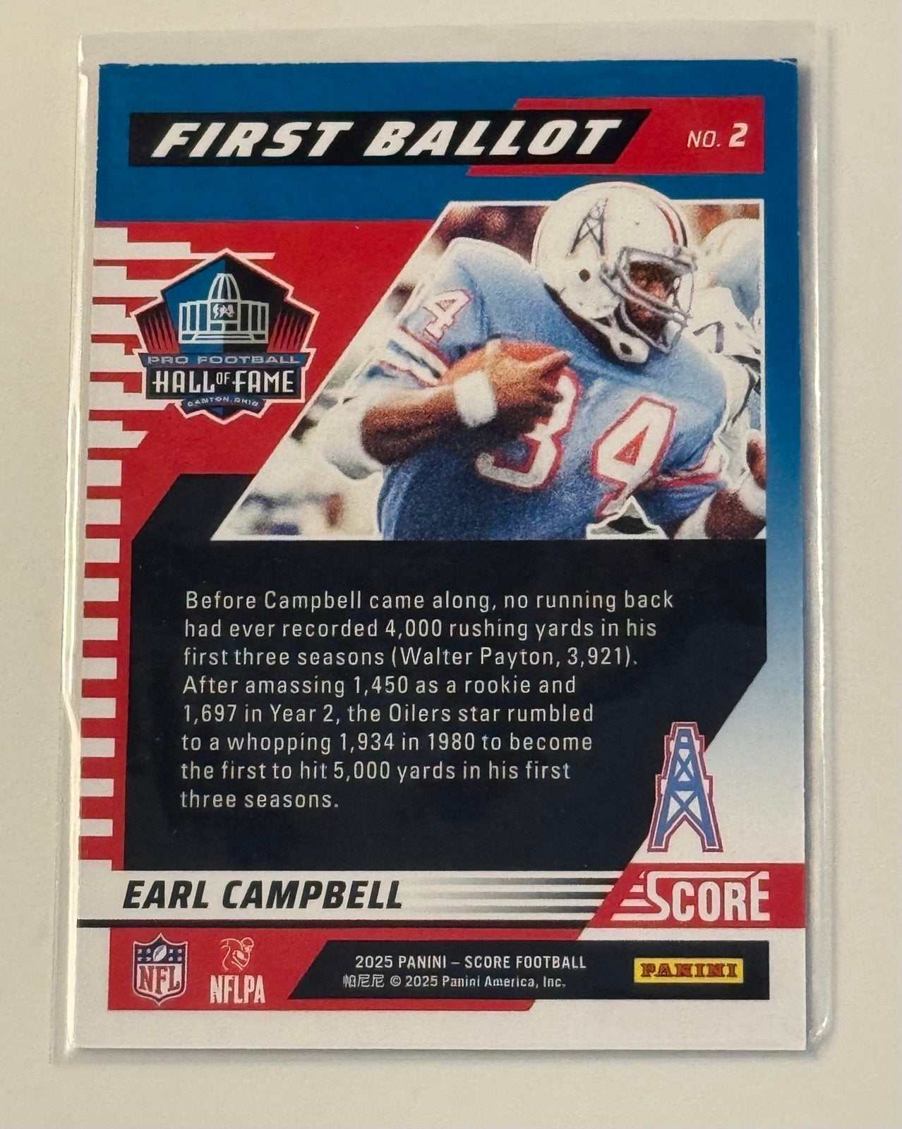 2025 Panini Score Earl Campbell Houston Oilers First Ballot Hall of Fame NFL card