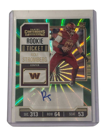 Ricky Stromberg Rookie Auto 2023 Panini Contenders football card with autograph and Washington Commanders center image