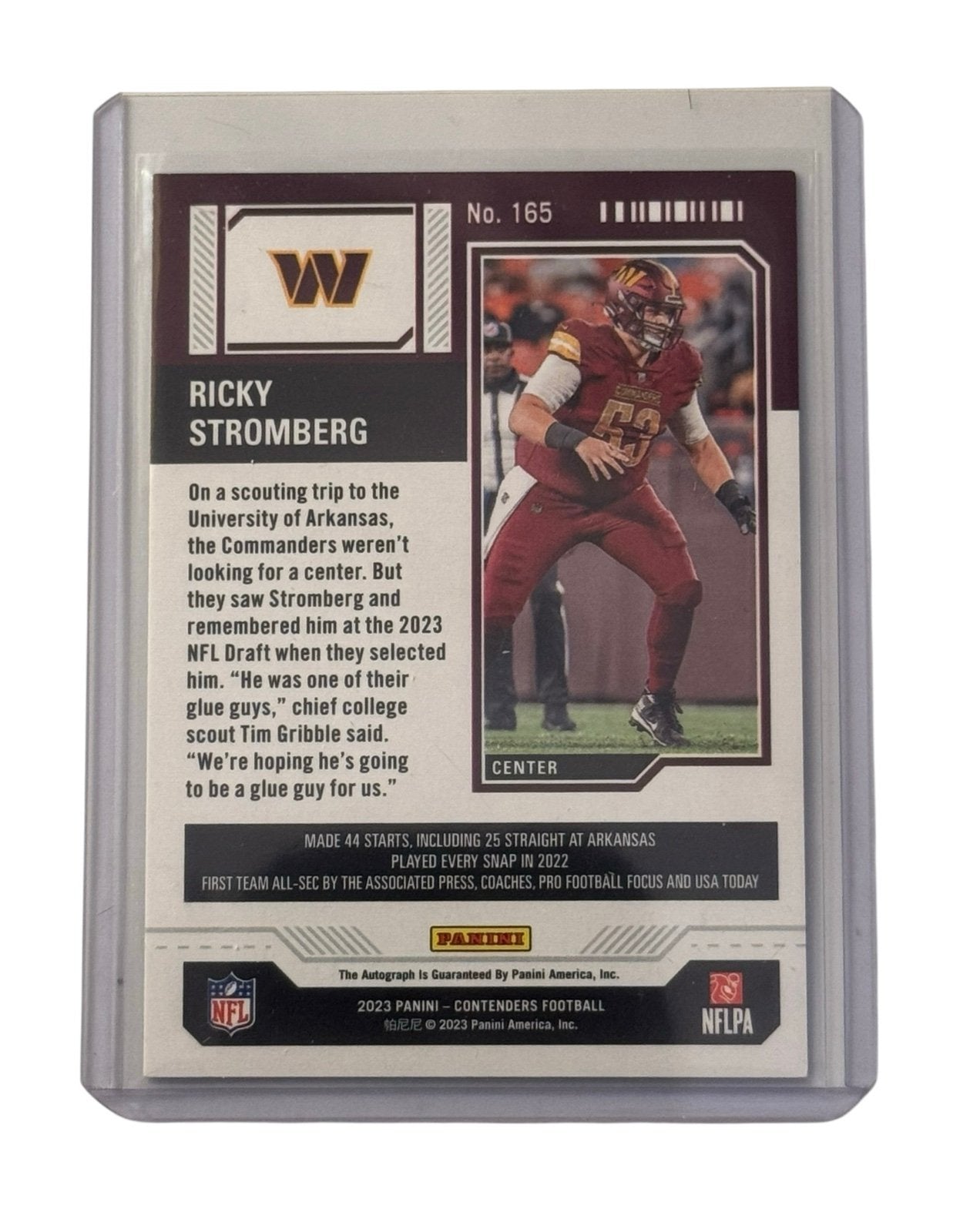 Ricky Stromberg Rookie Auto 2023 Panini Contenders Washington Commanders football card back view with player stats and autograph guarantee