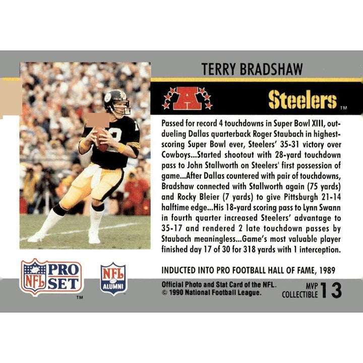 1990 Pro Set Terry Bradshaw Super Bowl MVP NFL Steelers collectible card #13