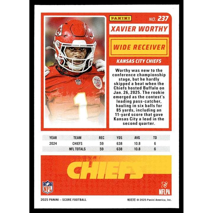 2025 NFL SCORE Panini football card featuring Xavier Worthy in Kansas City Chiefs uniform near mint condition