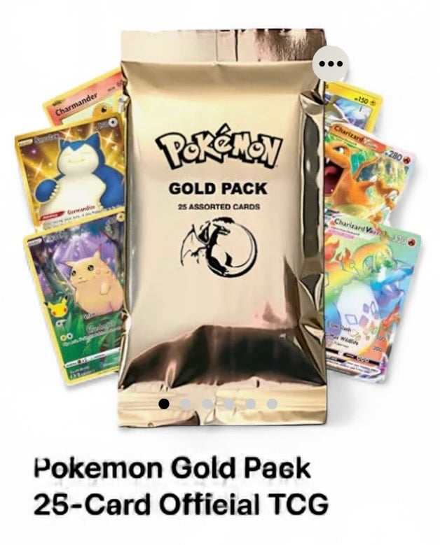 Sealed GOLD Pokémon Pack with 25 official TCG cards including GX, EX, V, VMAX, VSTAR and holo rares