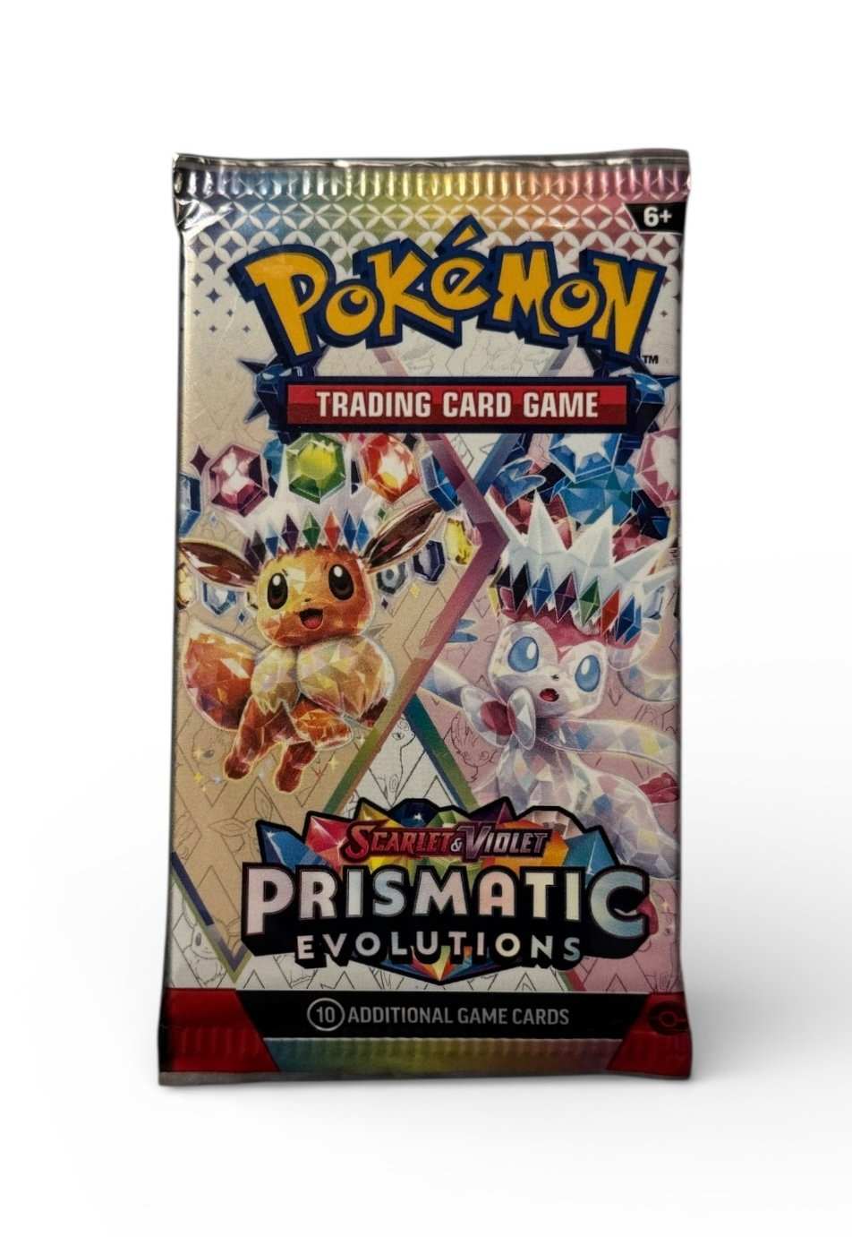 Sealed Pokémon Scarlet and Violet Prismatic Evolutions booster pack featuring Eevee and Sylveon artwork